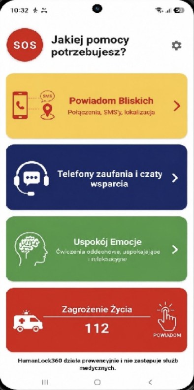 Ekran główny aplikacji SOS: cztery przyciski pomocy